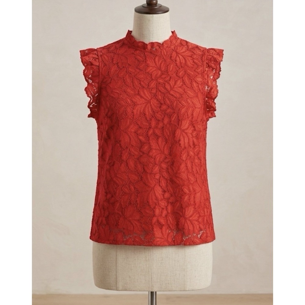 H&M Red Floral Lace Top Size M Sleeveless Mock Neck Ruffle Cocktail Romantic